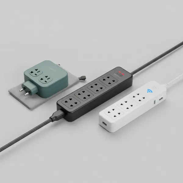 A diverse selection of different power strip models laid out, showcasing their variety in design and features.