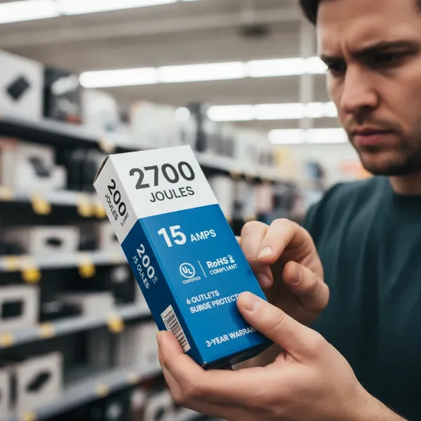 A person examining a power strip's technical specifications on its packaging, highlighting the importance of the buying guide.