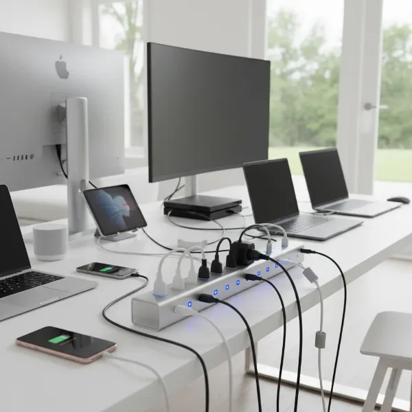 Many devices connected to a power strip, highlighting expanded connectivity options