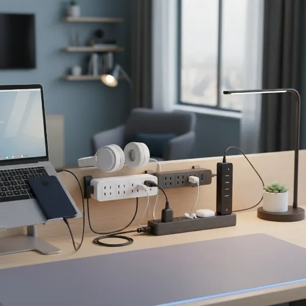 Various types of power strips including surge protector, USB, and smart models suitable for dorm rooms, shown with electronic devices.