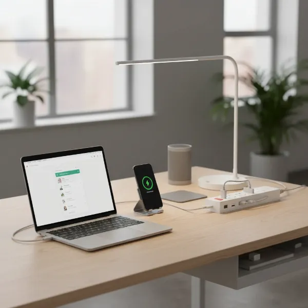 An array of electronic devices plugged into a single, organized power strip, illustrating convenience and reduced clutter.