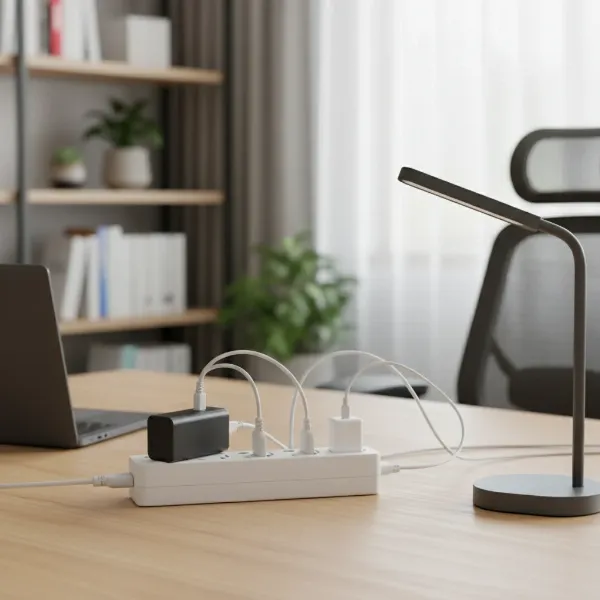 A power strip with multiple electronic devices plugged into it, such as a laptop charger, phone charger, and small lamp, highlighting its function as a central power hub in a home office setting. The image should be realistic and well-lit.