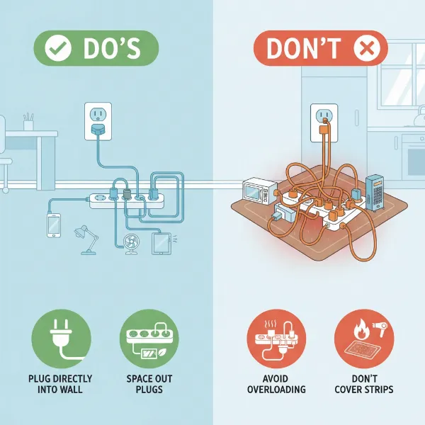 An illustrative infographic demonstrating power strip safety do's and don'ts in a home setting.