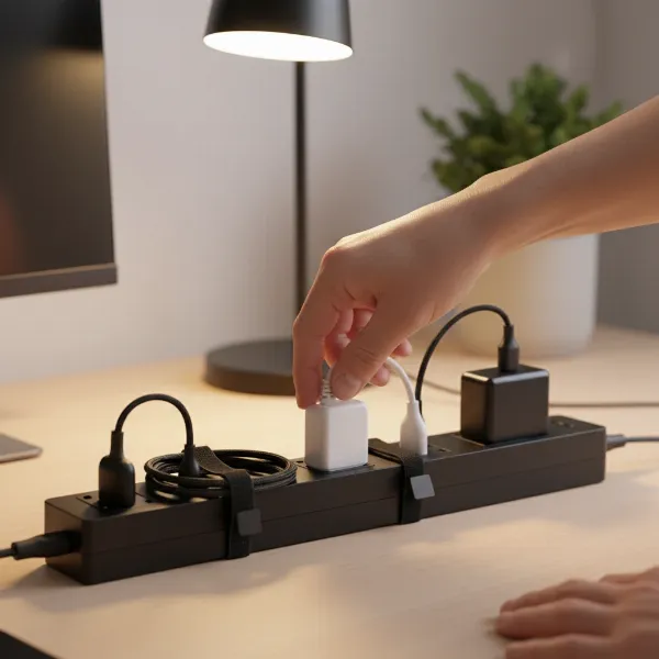 Hands demonstrating safe unplugging technique from a power strip, with other devices safely plugged in.