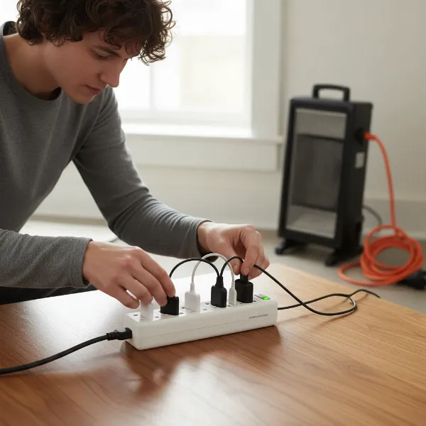 A person demonstrating safe use of a power strip, avoiding daisy-chaining and overloading, with clear visual cues for safety.