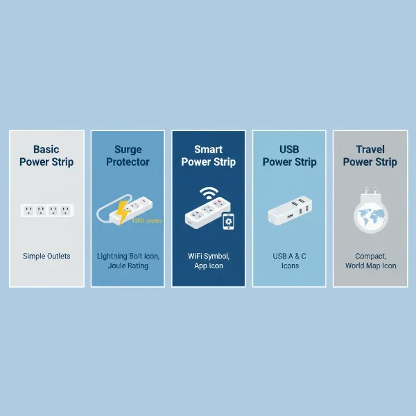 An illustrative infographic showing different types of power strips (basic, surge protector, smart, USB, travel) with icons representing their key features.
