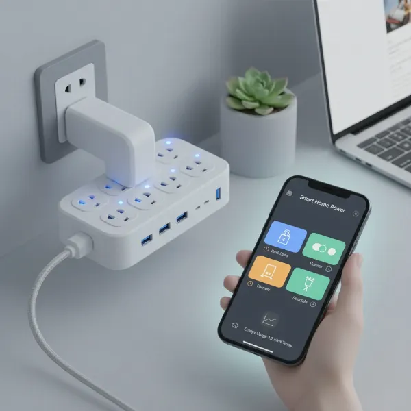 A smart power strip with an accompanying smartphone app interface, showing remote control and energy monitoring features