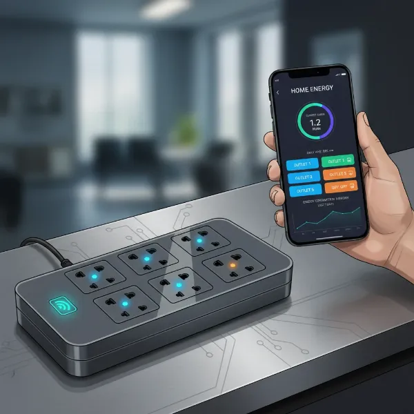 A smart power strip with individual outlets, displaying Wi-Fi indicators, and a smartphone screen nearby showing a control app for the power strip, emphasizing remote management and energy monitoring features.