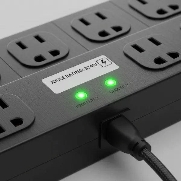 A close-up view of a surge protector with a joule rating visible and indicator lights, emphasizing its protective features.