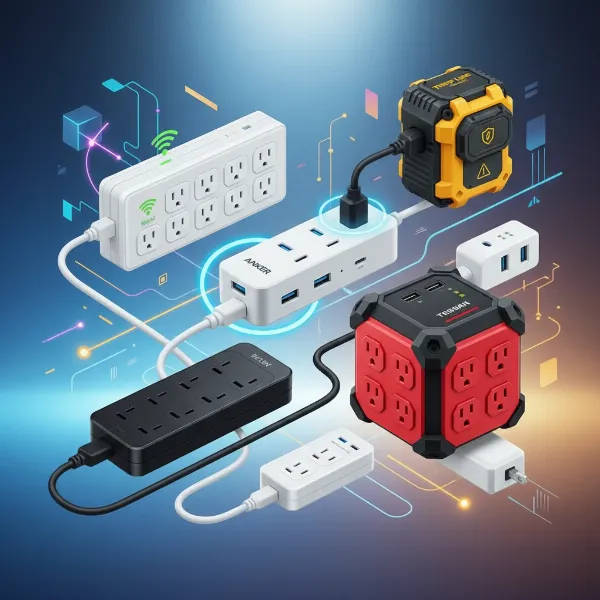 A dynamic collage showcasing several top-rated power strips of various types, highlighting their key features and modern designs