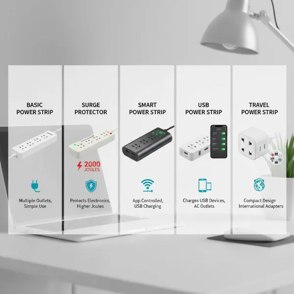 An illustrative infographic showing different types of power strips, including basic, surge protector, smart, and USB models, highlighting their key features and typical appearances in a modern home or office setting.